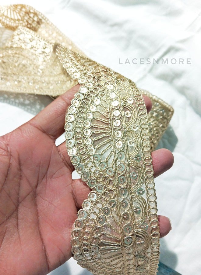 Lacesnmore Golden lace Organza zari Scallop Work Embroidery Lace and Borders Material for Dresses, Sarees lace, Lehenga, Suits, Blouses, Dupatta, chunri and Crafts (9 Meter- Light Gold) - Image 1